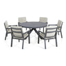 Grey aluminum outdoor dining set with round table and six cushioned chairs