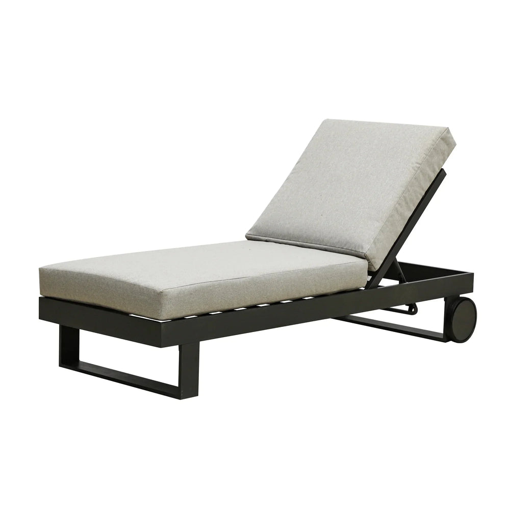 Aluminium outdoor sun lounger with adjustable grey cushion and wheels, side angle view