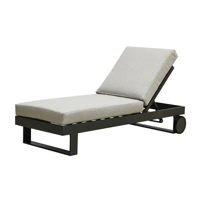 Aluminium outdoor sun lounger with adjustable grey cushion and wheels, side angle view