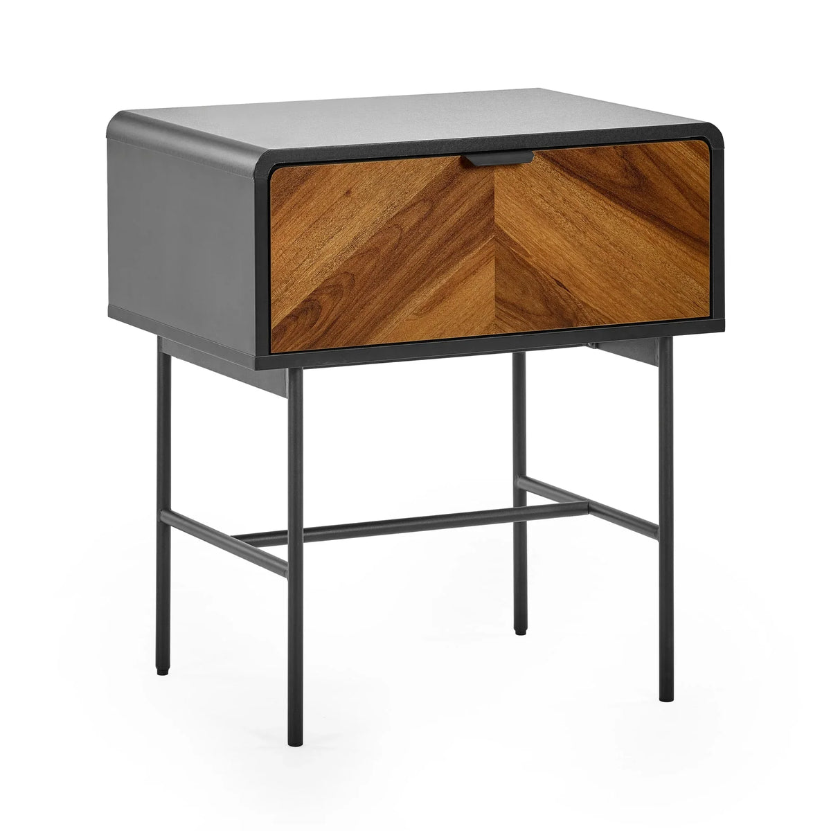 Modern bedside table with black frame and single drawer featuring a wood chevron pattern front