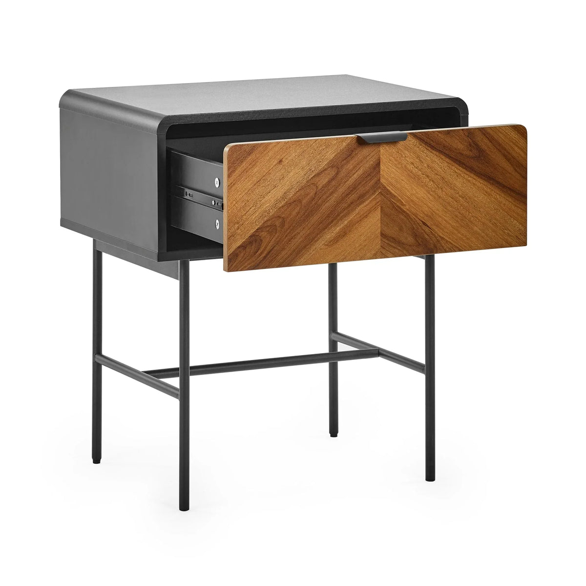 Modern bedside table with chevron wood drawer and black metal legs, drawer partially open