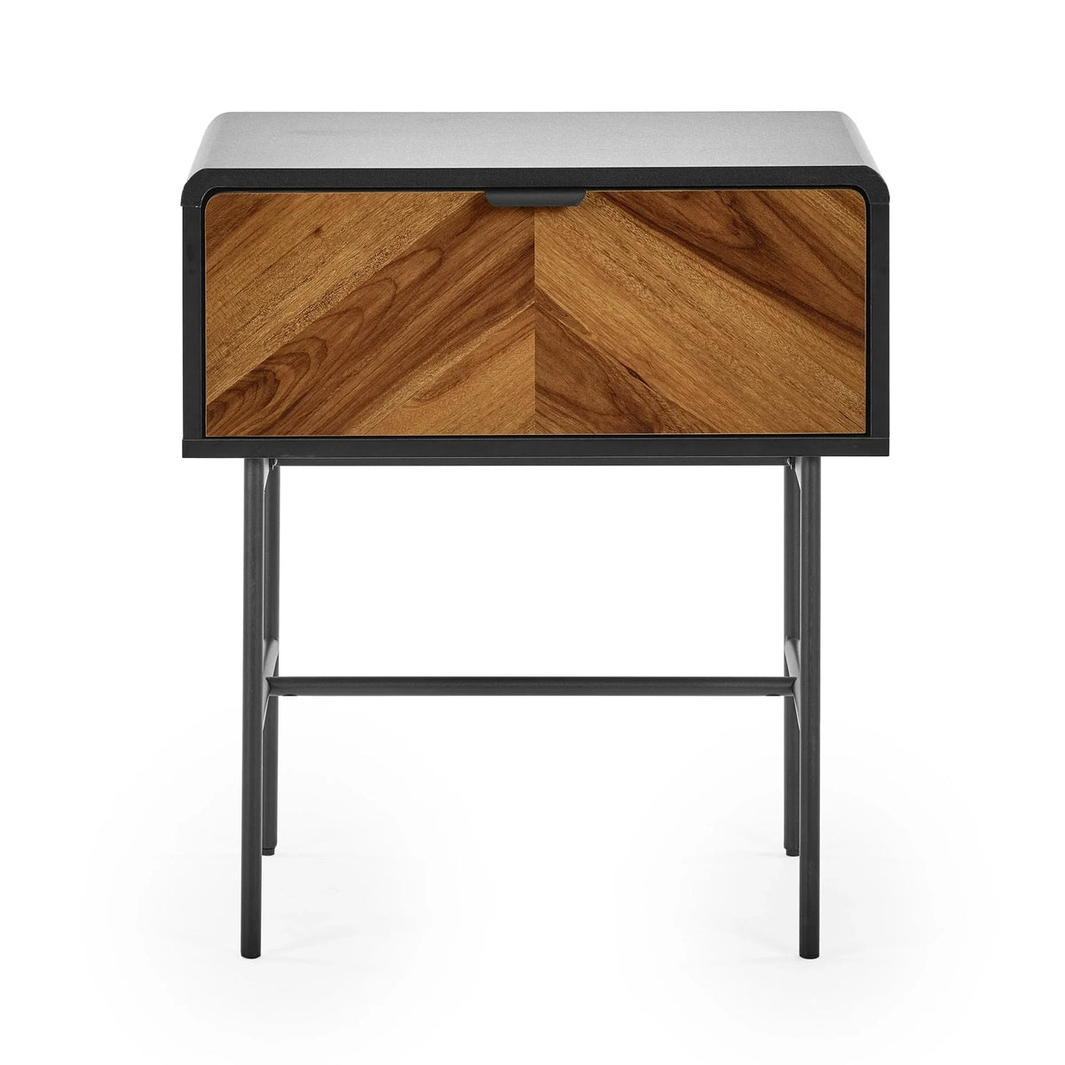 Modern bedside table with black metal frame and chevron wood drawer front