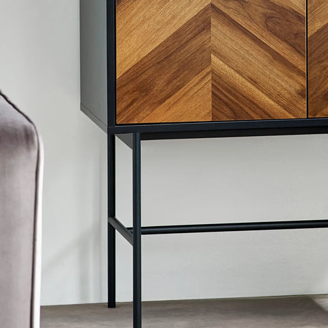Chevron wood sideboard cabinet with black metal frame and angled legs