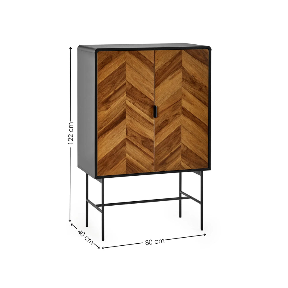 Chevron wood and metal sideboard cabinet with black frame, 122x80x40 cm, front view