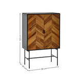 Chevron wood and metal sideboard cabinet with black frame, 122x80x40 cm, front view