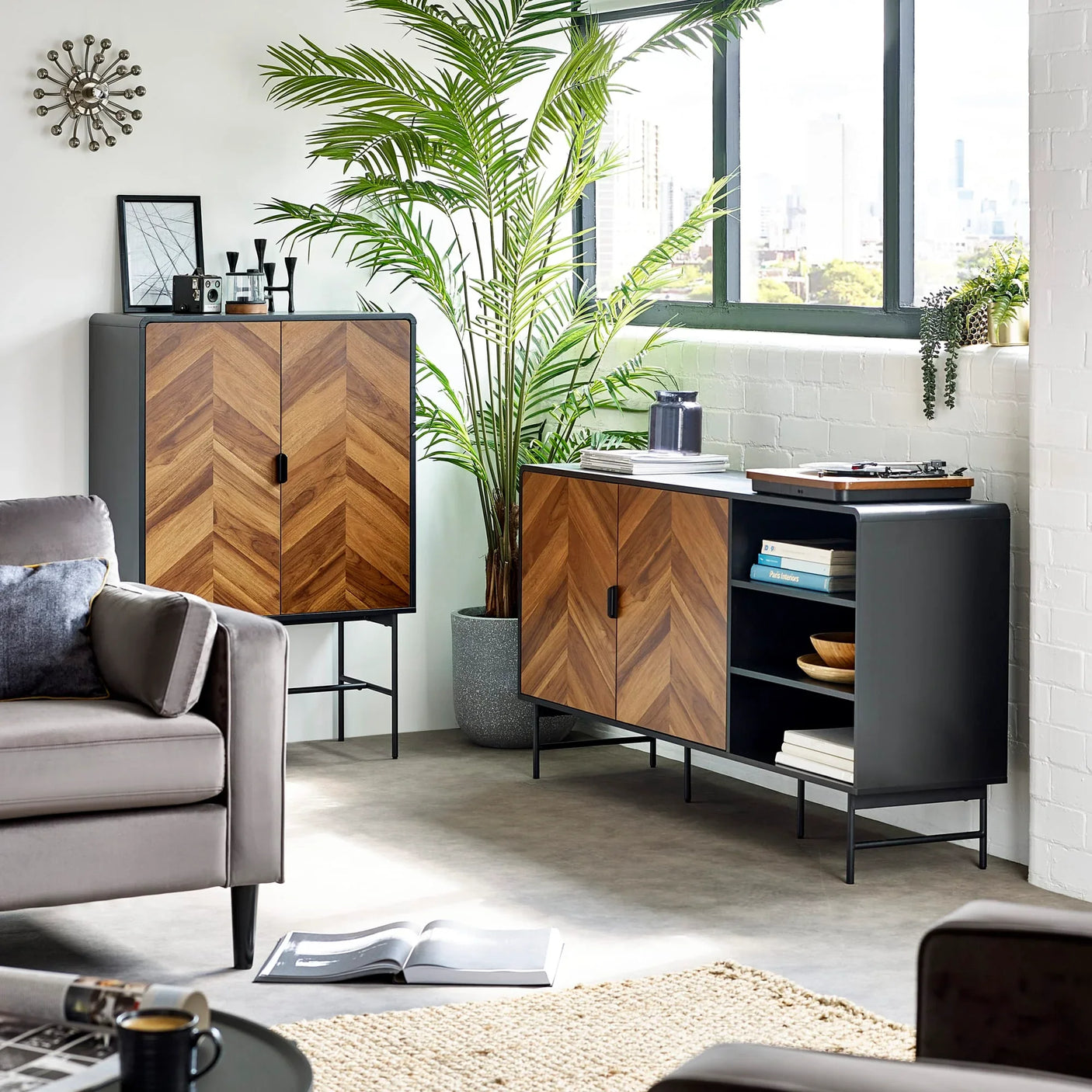 Chevron wood sideboard and cabinet with black frame in modern living room