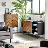 Chevron wood sideboard and cabinet with black frame in modern living room