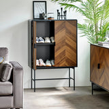 Chevron wood shoe cabinet with black frame, open to show shelves with trainers