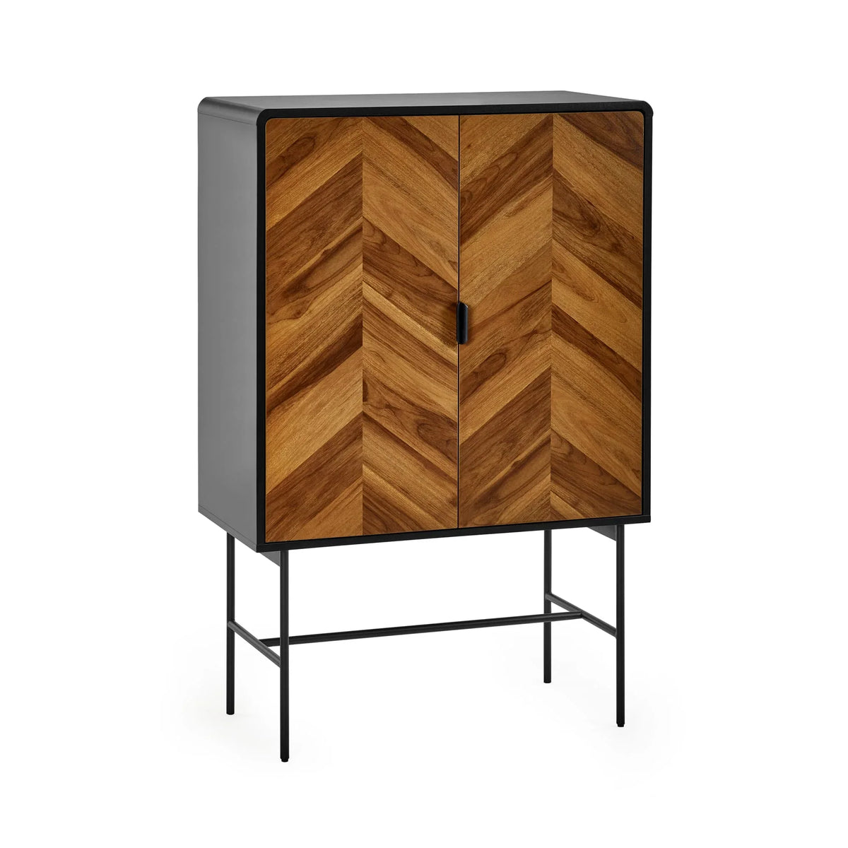 Chevron pattern wooden cabinet with black frame and metal legs against white background