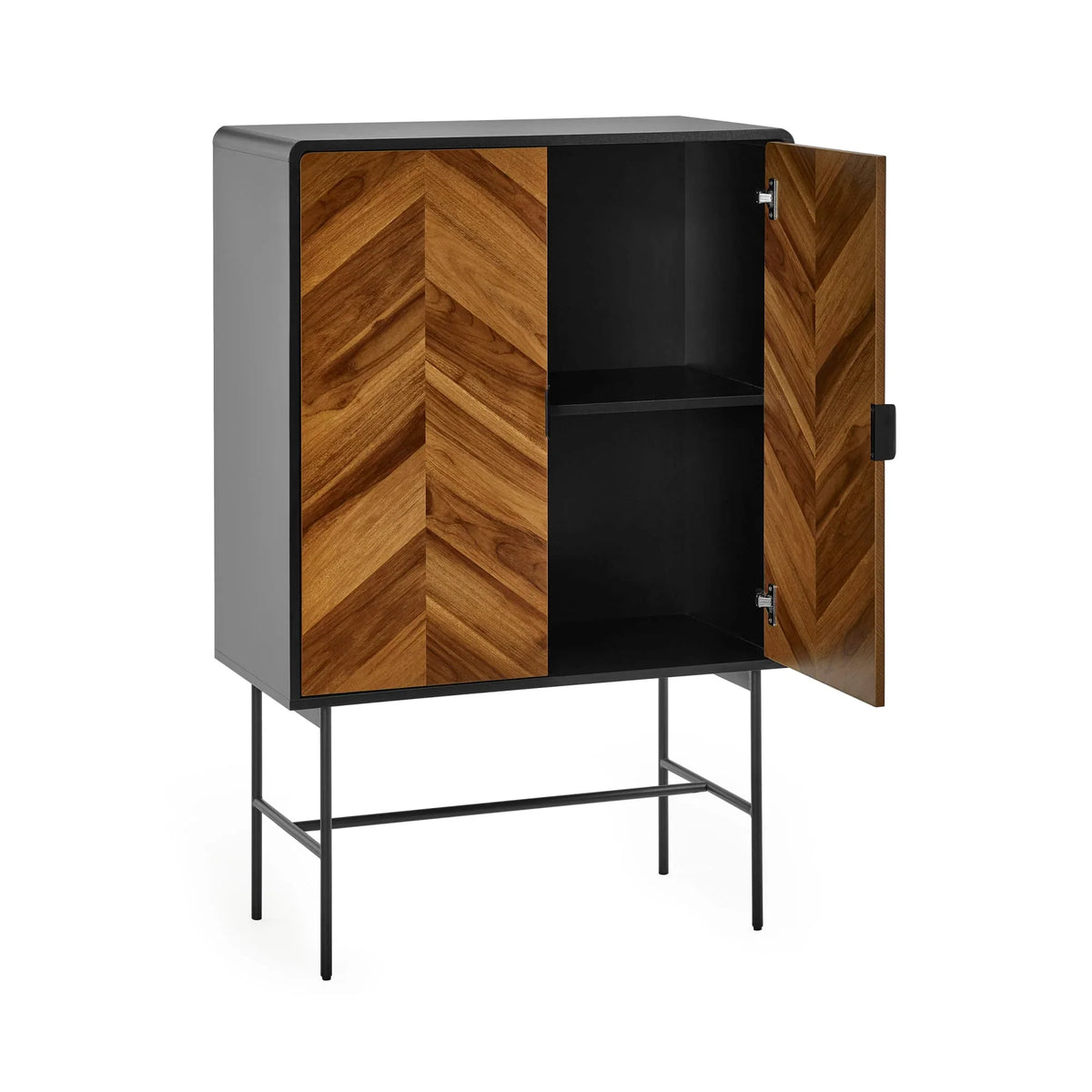 Chevron wood and black metal cabinet with open door and interior shelf
