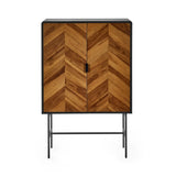 Chevron wood cabinet with black frame and metal legs, front view