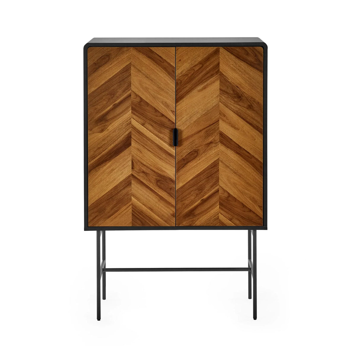 Chevron wood cabinet with black frame and metal legs, front view