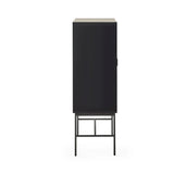 Slim black storage cabinet side view on metal legs