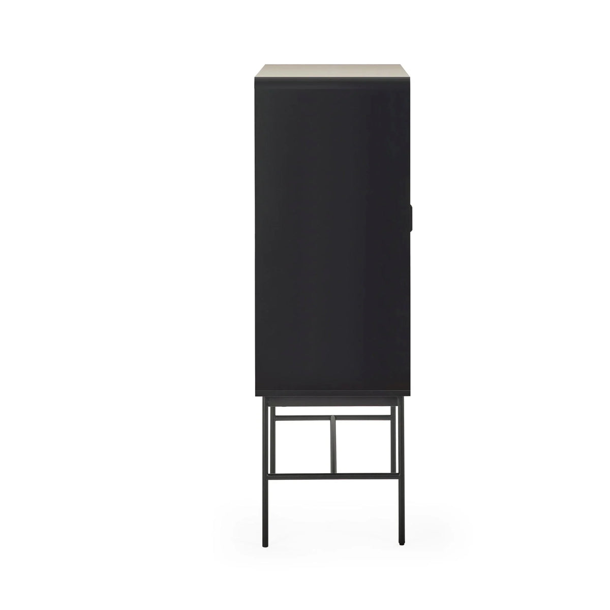 Slim black storage cabinet side view on metal legs