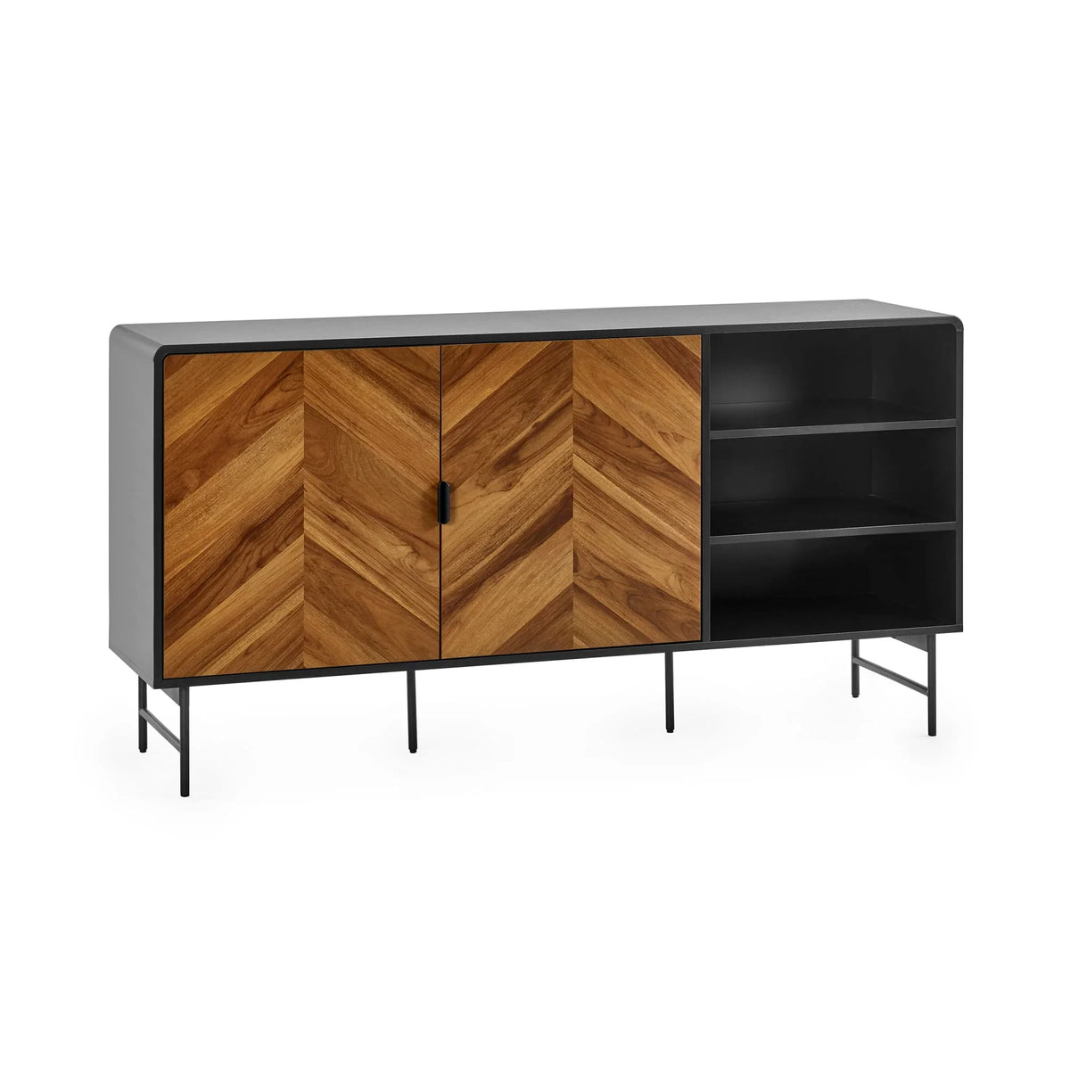 Wood and black sideboard with chevron doors and open shelves, front angle view