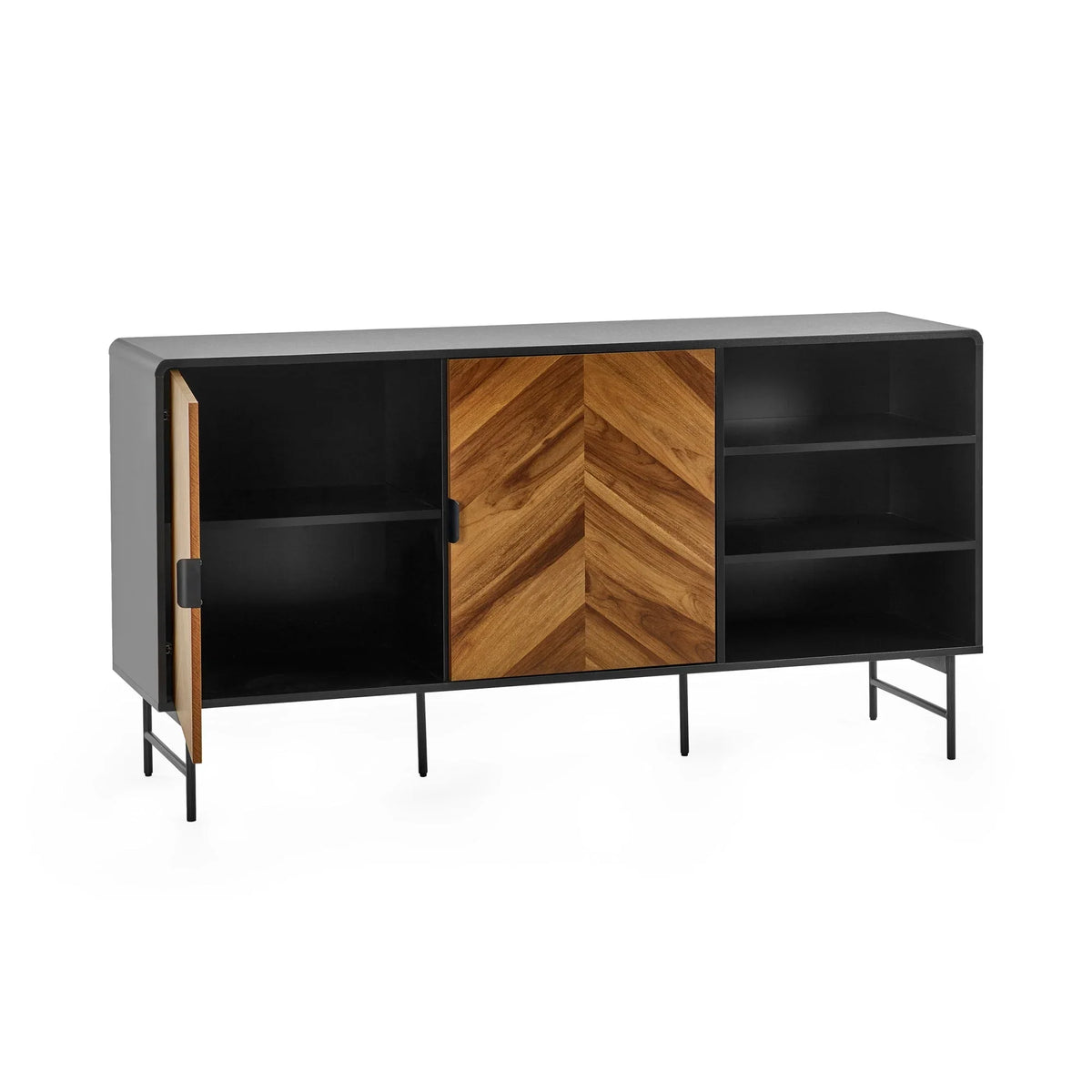 Modern sideboard with black frame, wood chevron doors, open shelving, and slim metal legs