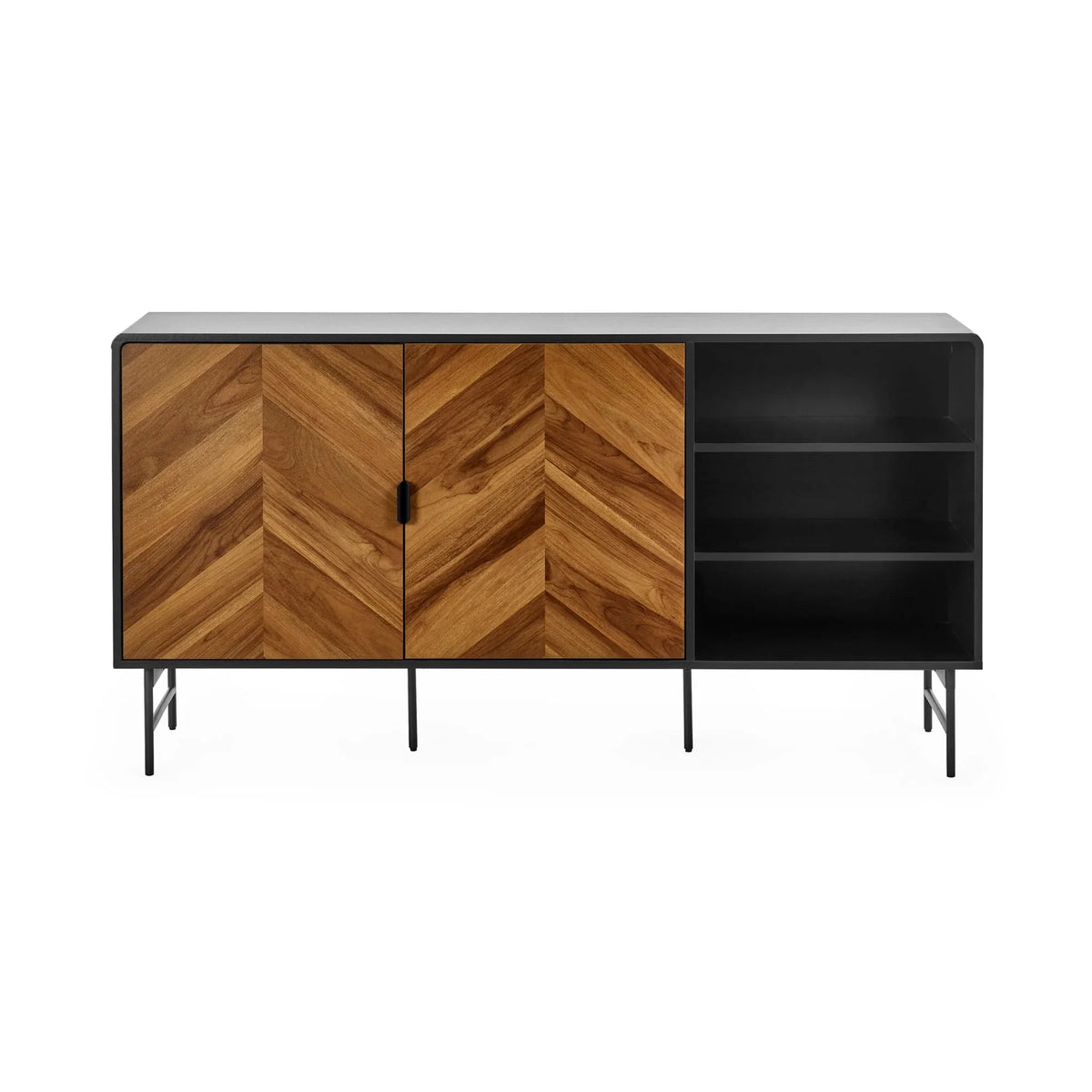 Chevron wood sideboard with black metal frame and open shelving on right side