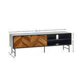 Modern TV unit with chevron wood doors, black frame, open shelves, and dimensions shown