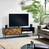 Modern TV stand with wood chevron doors, black frame, and open shelves in living room