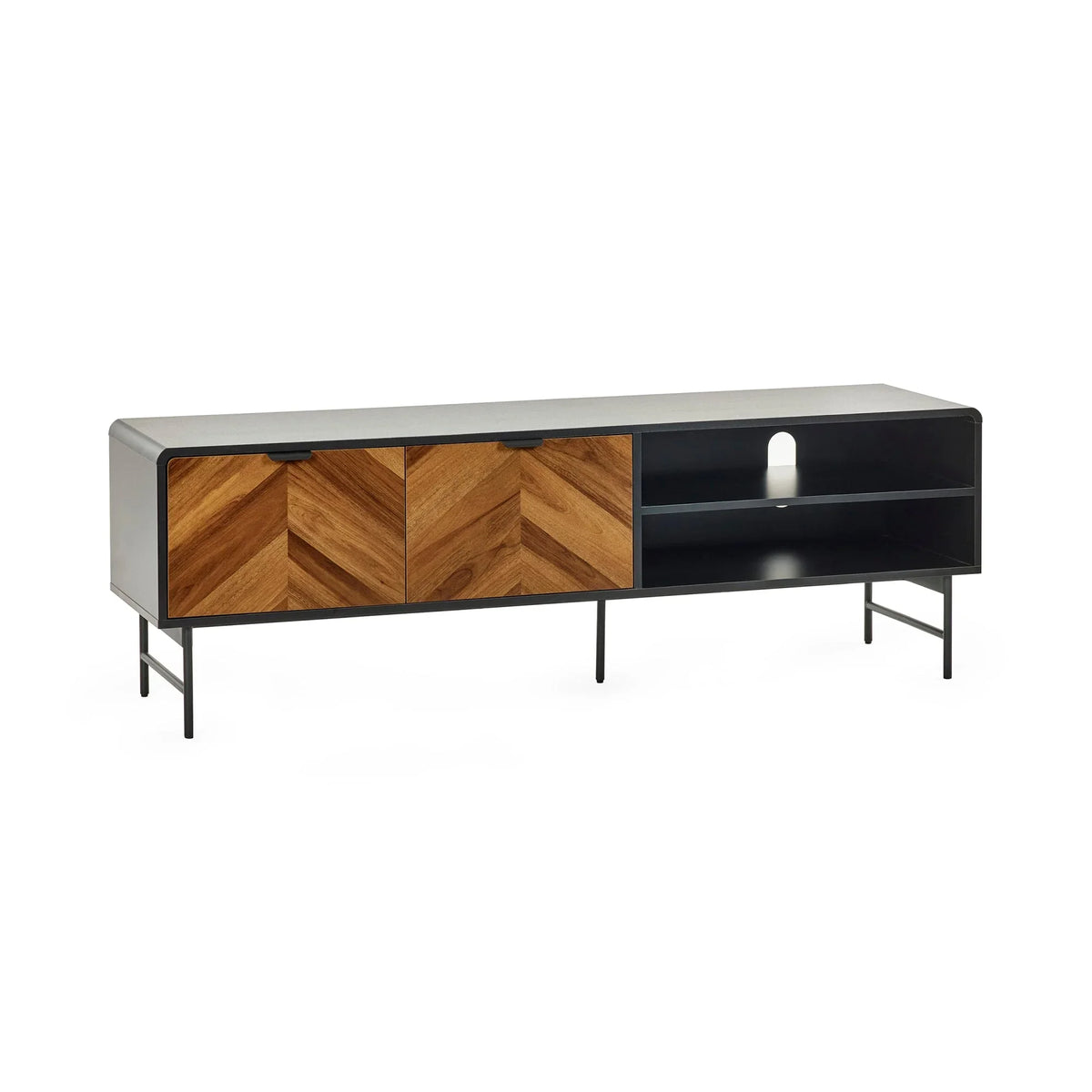 Modern TV unit with herringbone wood doors, black metal frame, open shelving on right