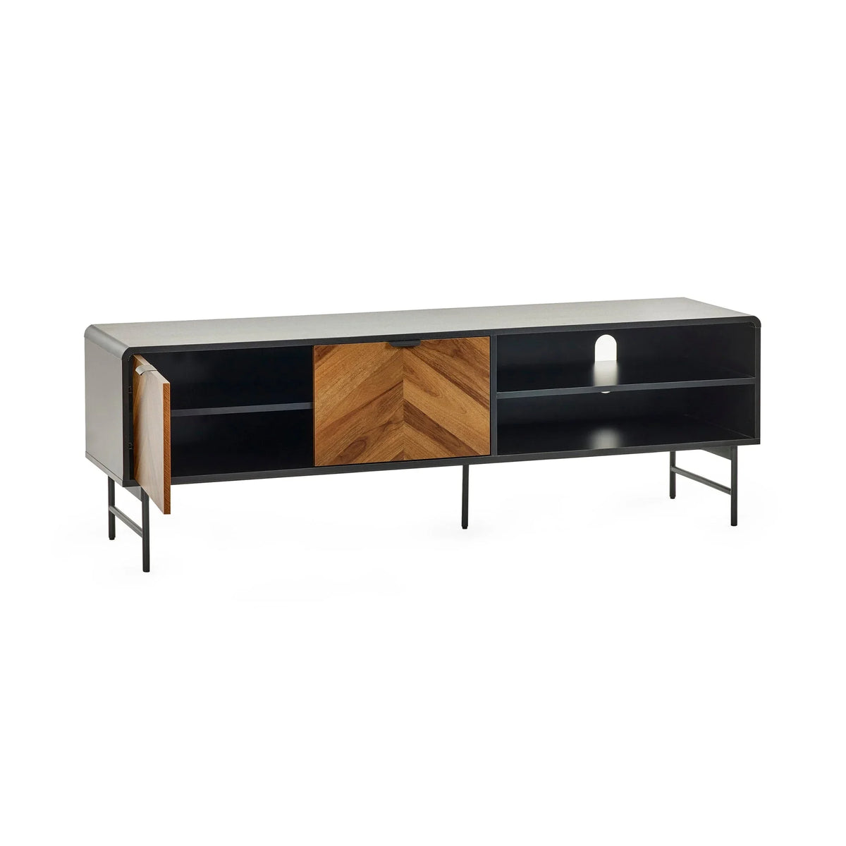 Black TV unit with wooden chevron doors, open shelves, and metal legs