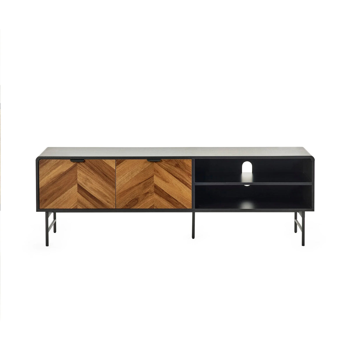 Modern TV unit with black metal frame, chevron wood doors, and open shelving compartments