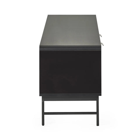 Side view of black sideboard with metal legs and smooth finish