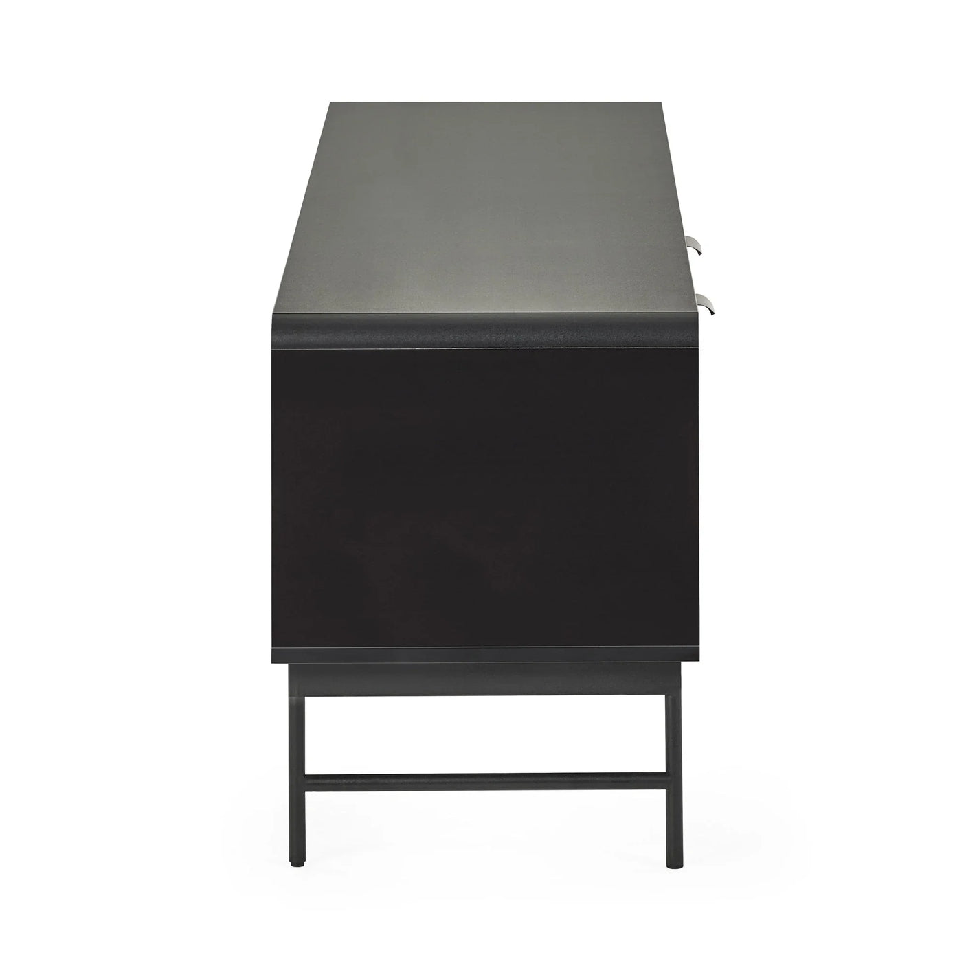 Side view of black sideboard with metal legs and smooth finish