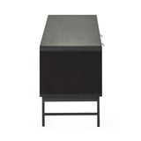 Side view of black sideboard with metal legs and smooth finish