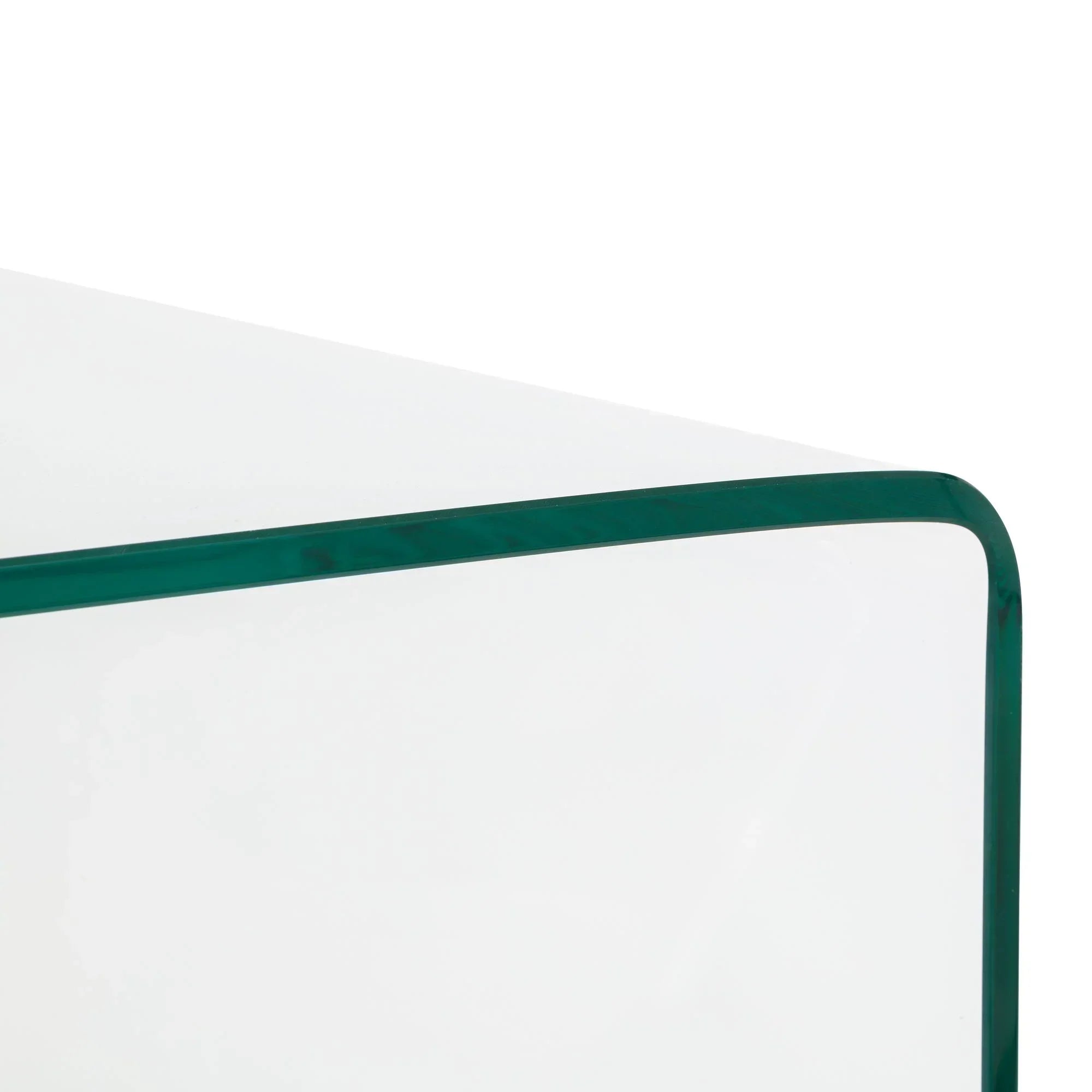 Closeup of clear glass desk corner with smooth rounded edge