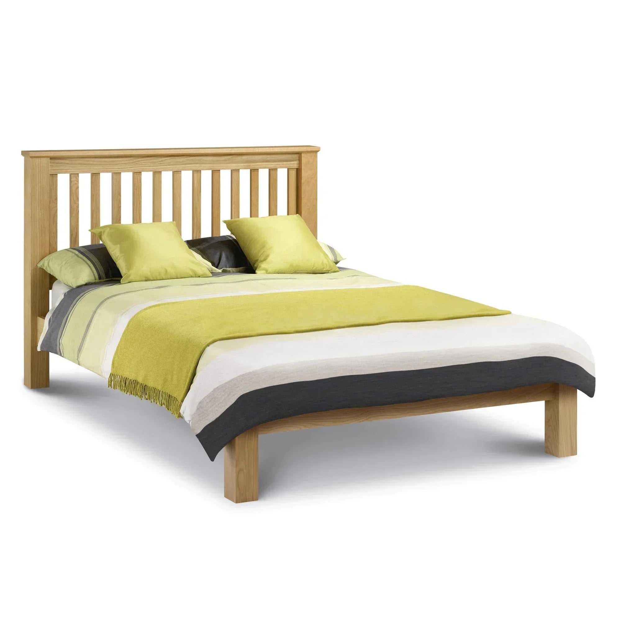Oak double bed frame with slatted headboard, striped bedding and yellow cushions
