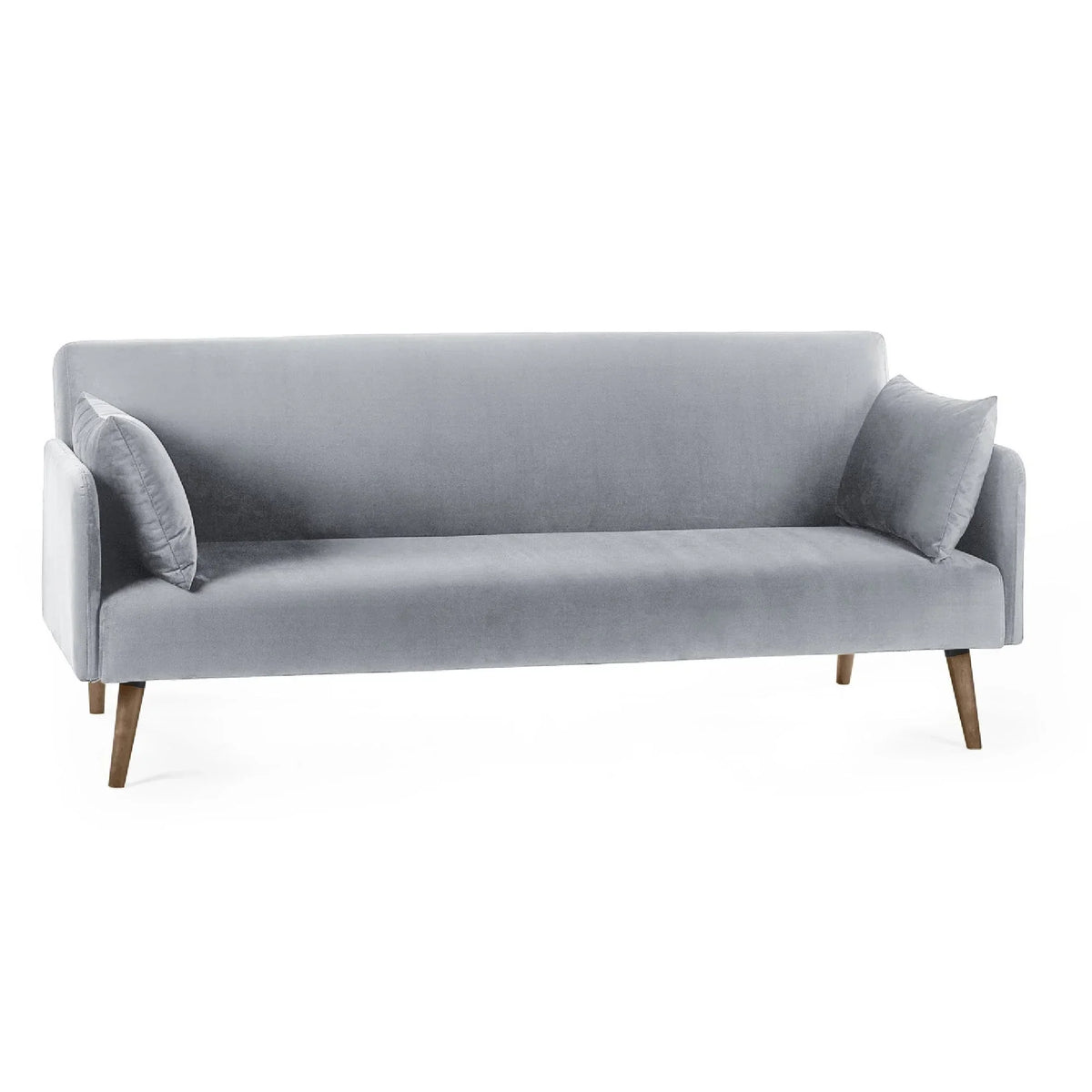 Grey sofa bed with wooden legs and two matching side cushions against white background