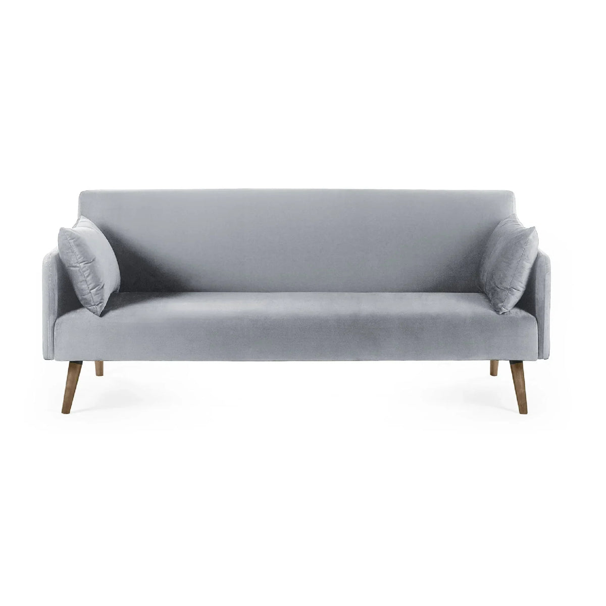 Grey sofa bed with two side cushions and wooden legs, front view on white background