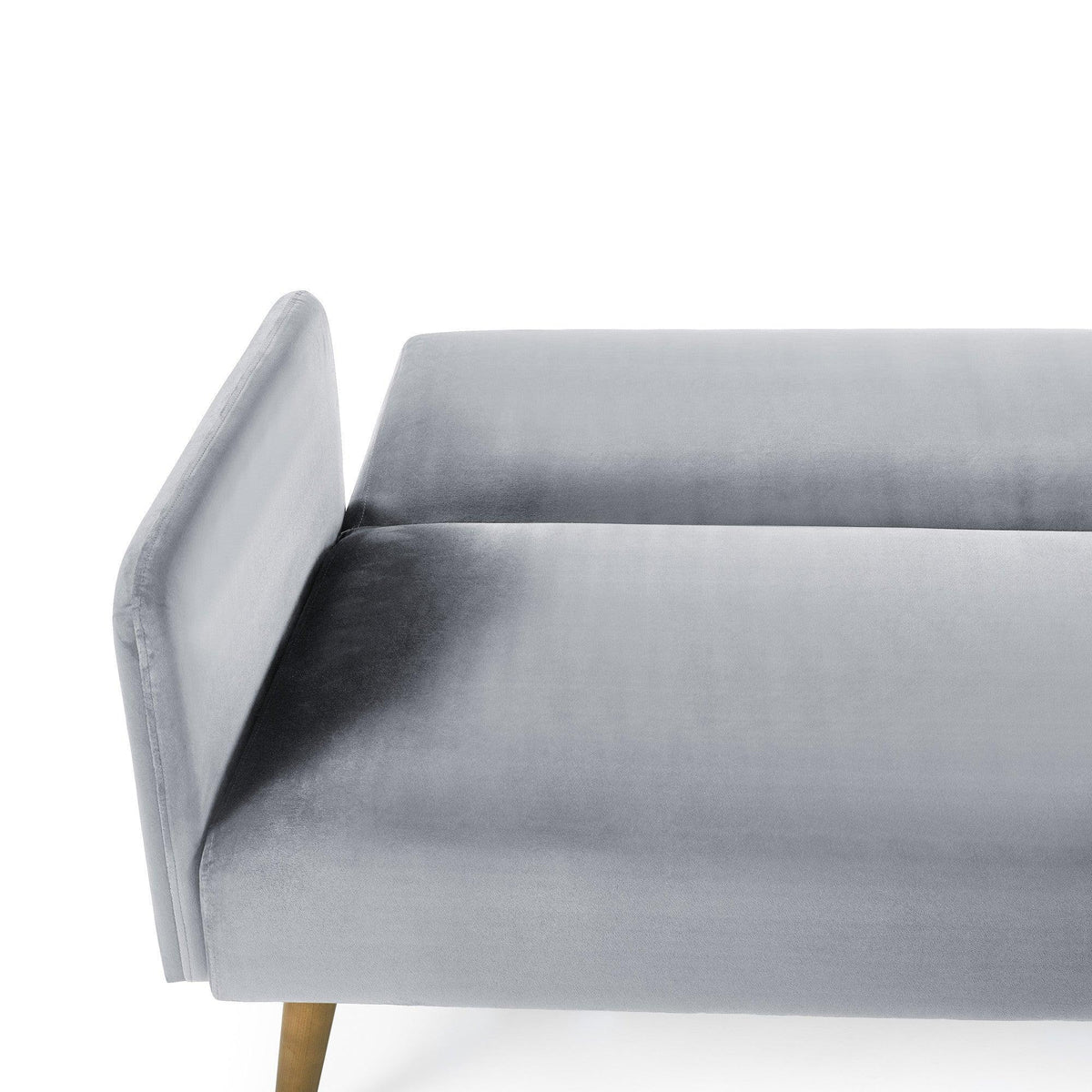 Detail of grey sofa bed with upholstered backrest and wooden leg corner view