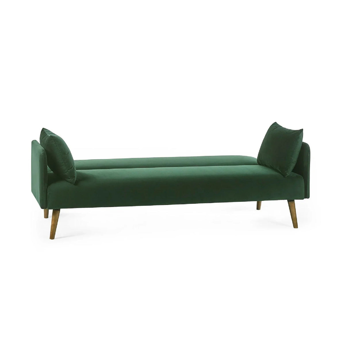 Green sofa bed with wooden legs and two cushions, viewed from the side on white background