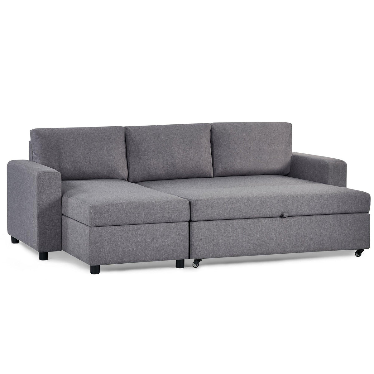 Grey fabric sofabed with storage and chaise, shown extended on black feet and wheels