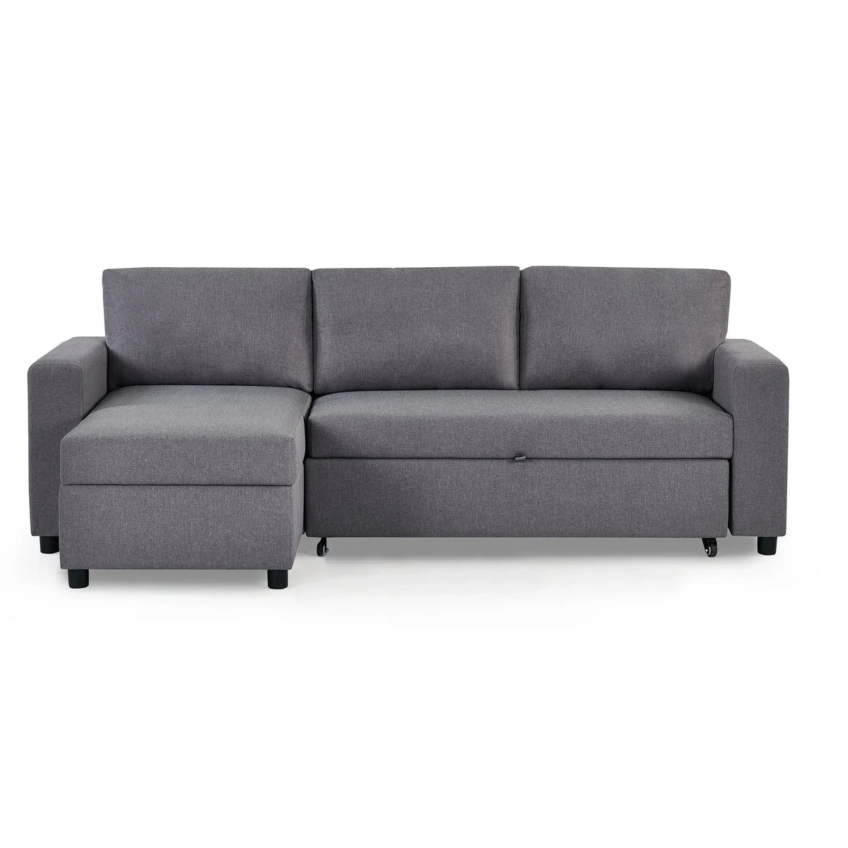 Grey fabric sofabed with left chaise lounge and under seat storage, front view