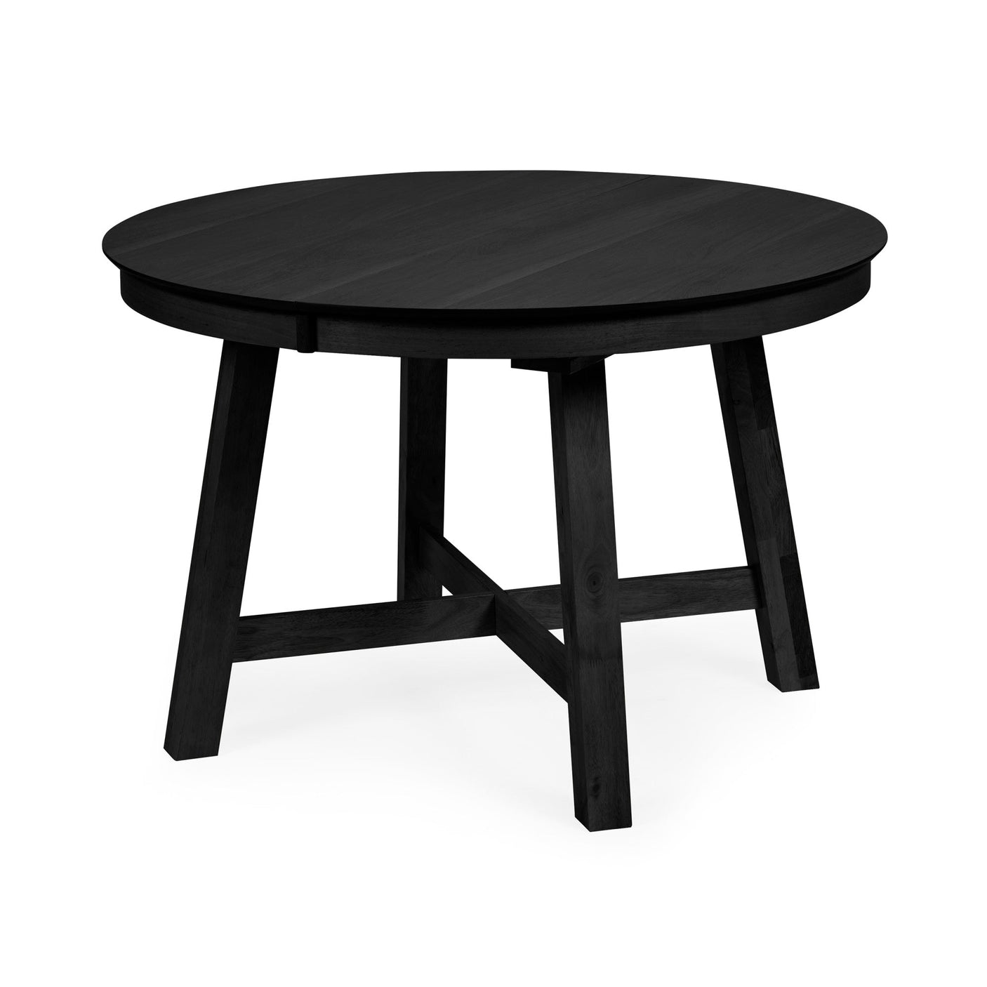 Black round wooden dining table with four legs crossed in studio against white background
