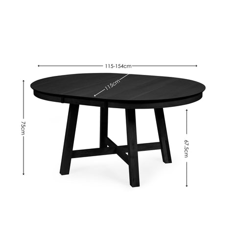 Black round extending dining table dimensions showing width 115-154cm, height 75cm, leg height 67.5cm