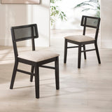 Two black dining chairs with natural fabric seats and rattan backs placing diagonally in bright room with plants