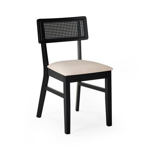 Single black dining chair with natural fabric seat and woven rattan backrest on plain white background