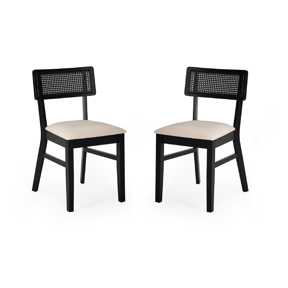 Two black dining chairs with natural fabric cushions and rattan backrests side by side on white background