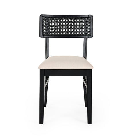 Front view of black dining chair with natural fabric seat and rectangular rattan backrest on white background