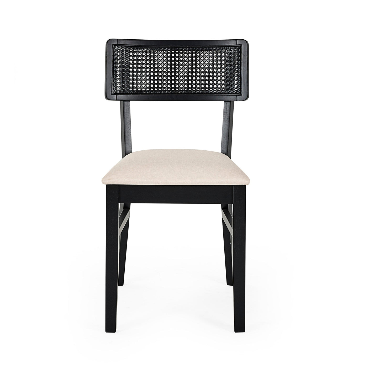 Front view of black dining chair with natural fabric seat and rectangular rattan backrest on white background