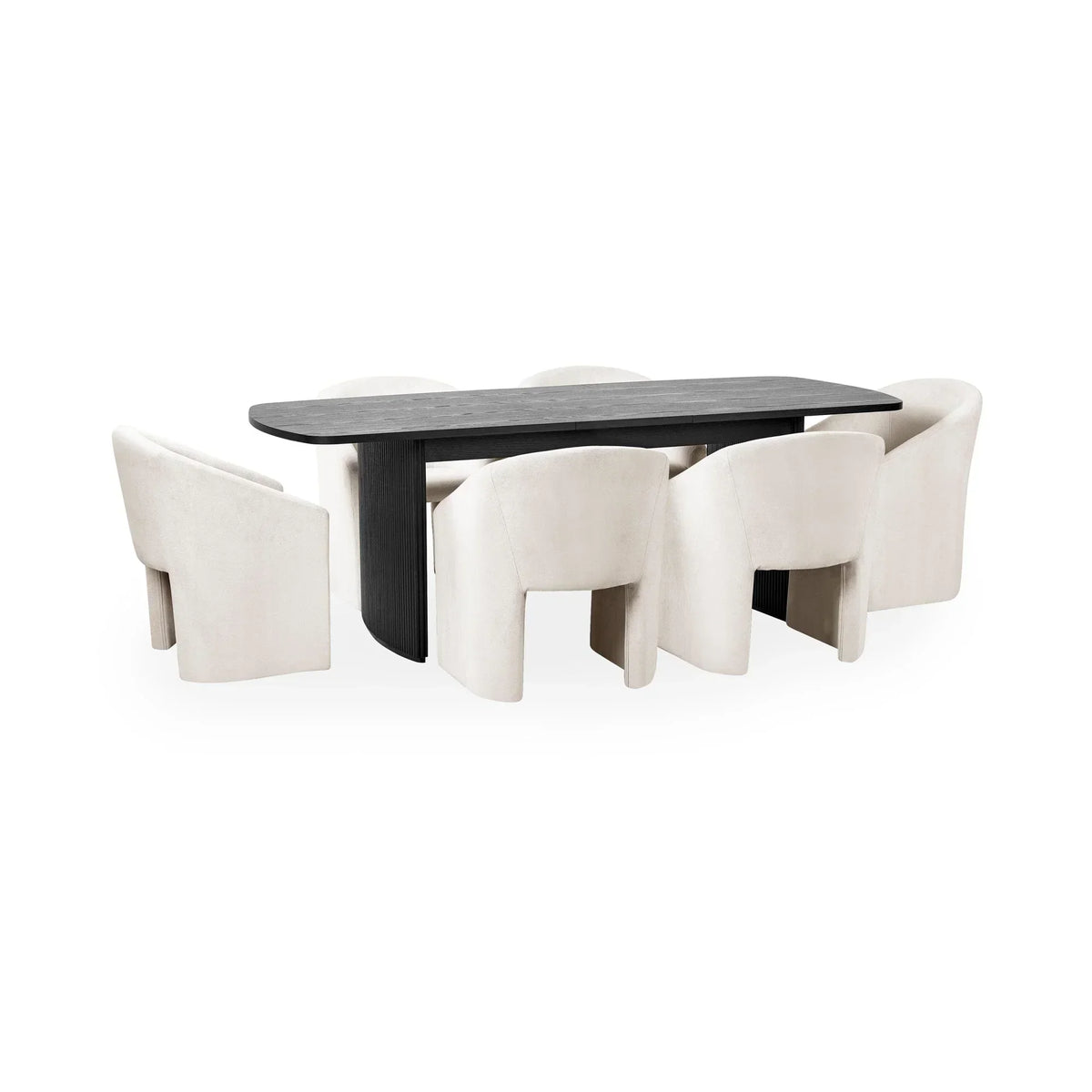 Rectangular black dining table with six cream upholstered chairs