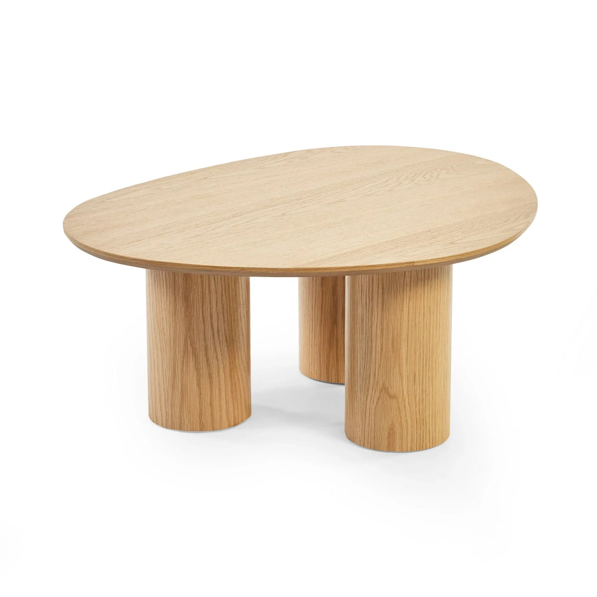 Modern oak coffee table with oval top and four cylindrical wooden legs
