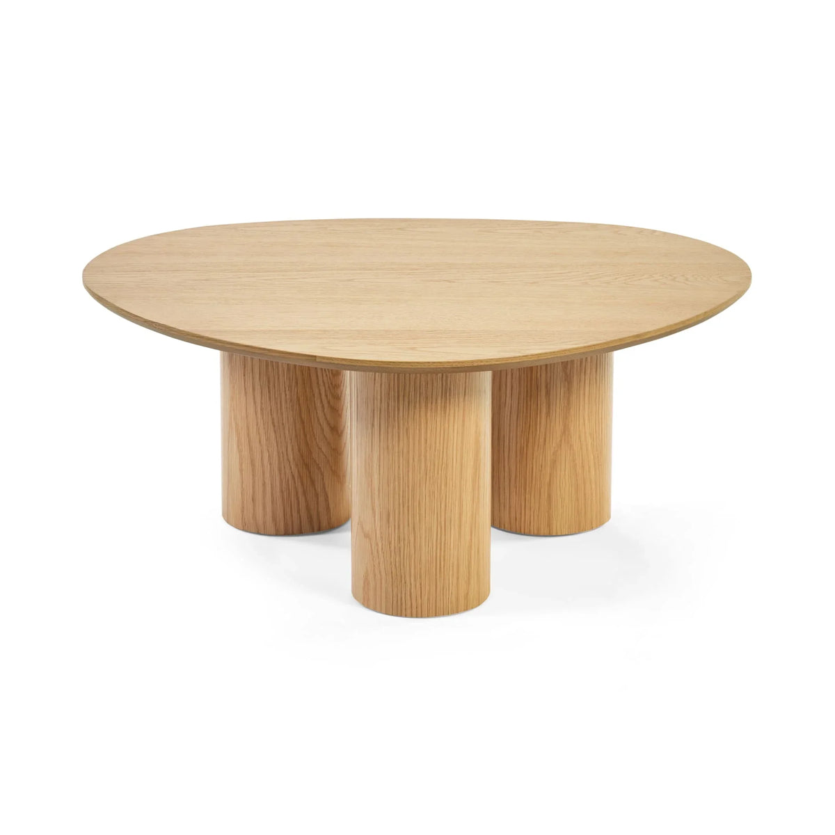 Round oak coffee table with thick cylindrical legs on white background