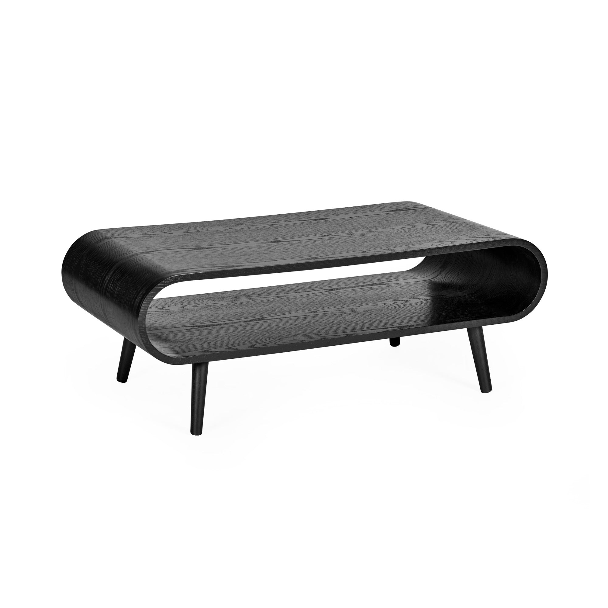 Black wooden coffee table with rounded rectangular shape and open shelf on four tapered legs