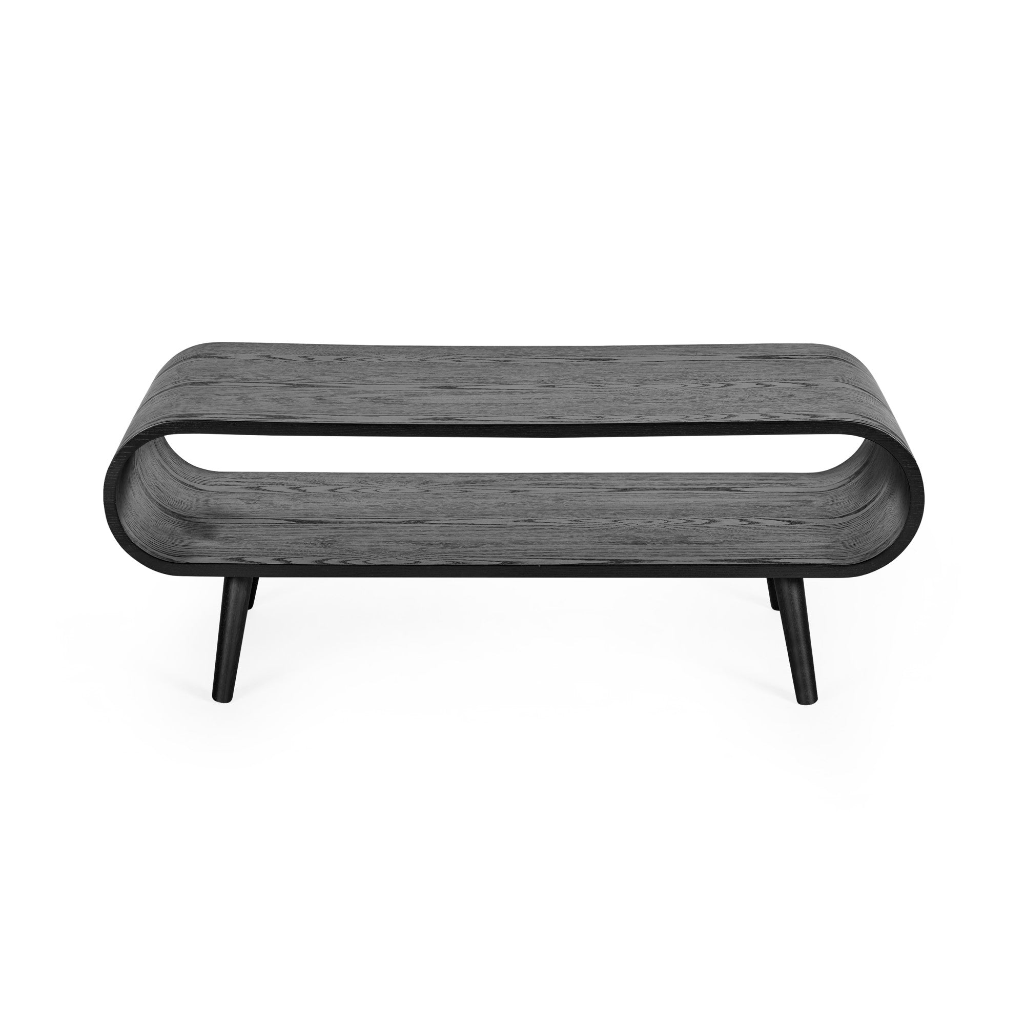Front view of black wooden coffee table with open shelf and rounded edges on four black legs
