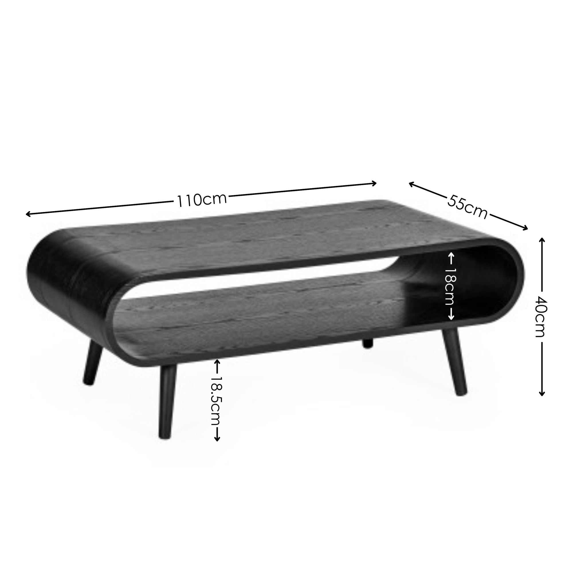Black wood coffee table dimensions: 110cm length, 55cm width, 40cm height with shelf heights